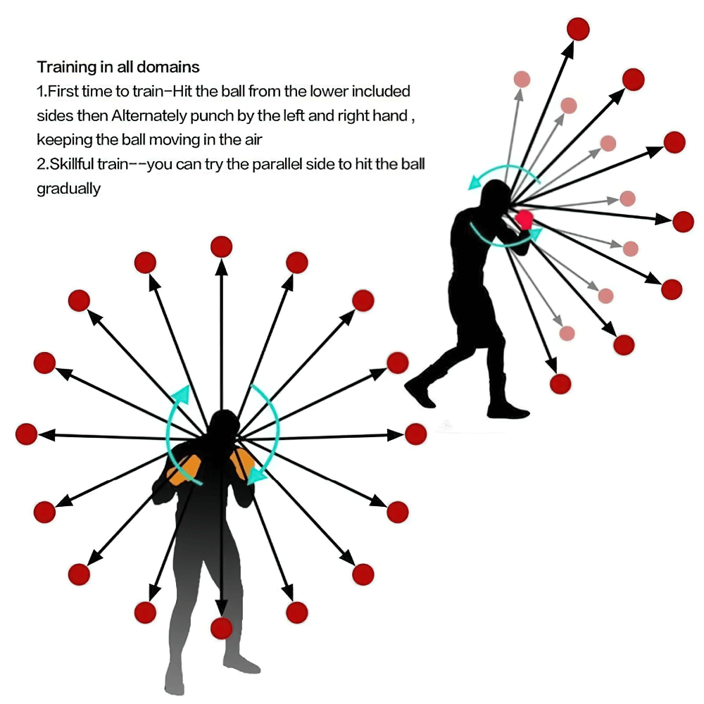 Boxing reflex ball training diagram illustrating agility, speed, and hand-eye coordination techniques with punch ball and headband.