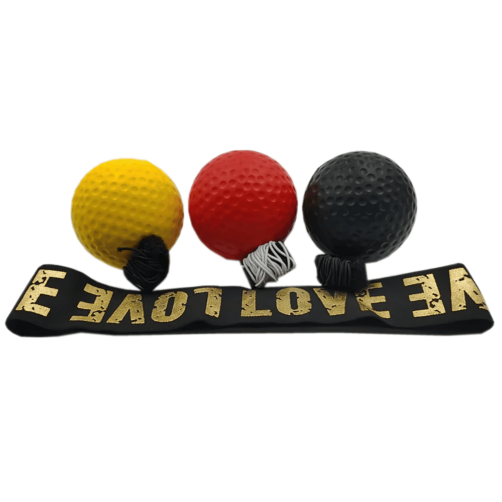 Boxing reflex balls in yellow, red, and black with an elastic headband; perfect for agility training and hand-eye coordination.