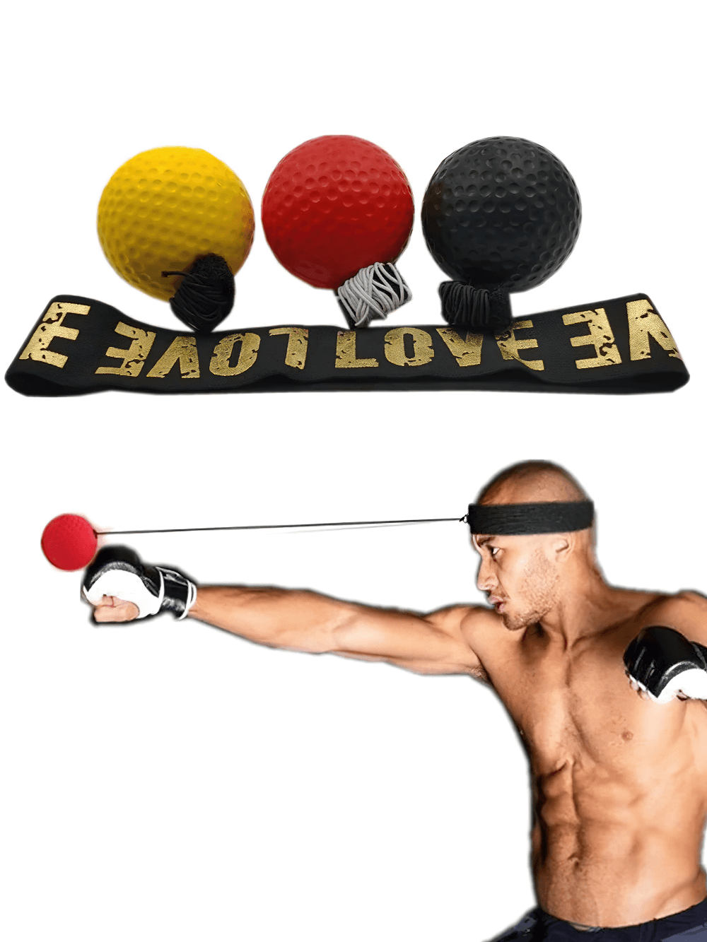 Boxing reflex ball with headband kit for agility and speed training featuring three resistance levels and a pro boxer in action.