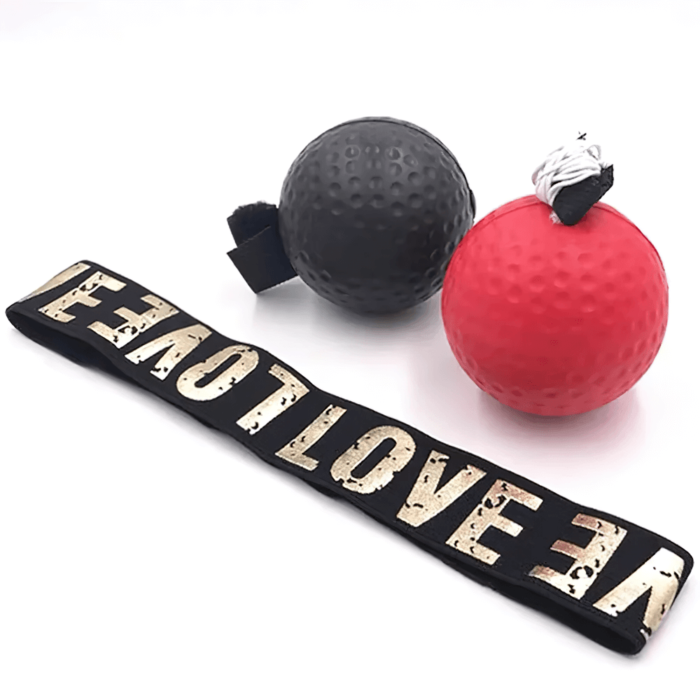Boxing Reflex Ball with black and red punch balls and LOVE headband for agility and speed training, perfect for fitness enthusiasts