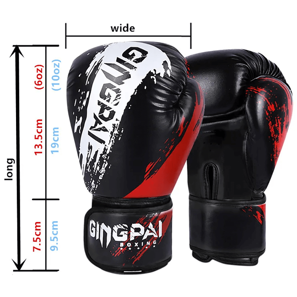 Boxing training gloves with splash-paint design, ideal for sparring and fitness. Features PU leather, padding, and wrist strap.