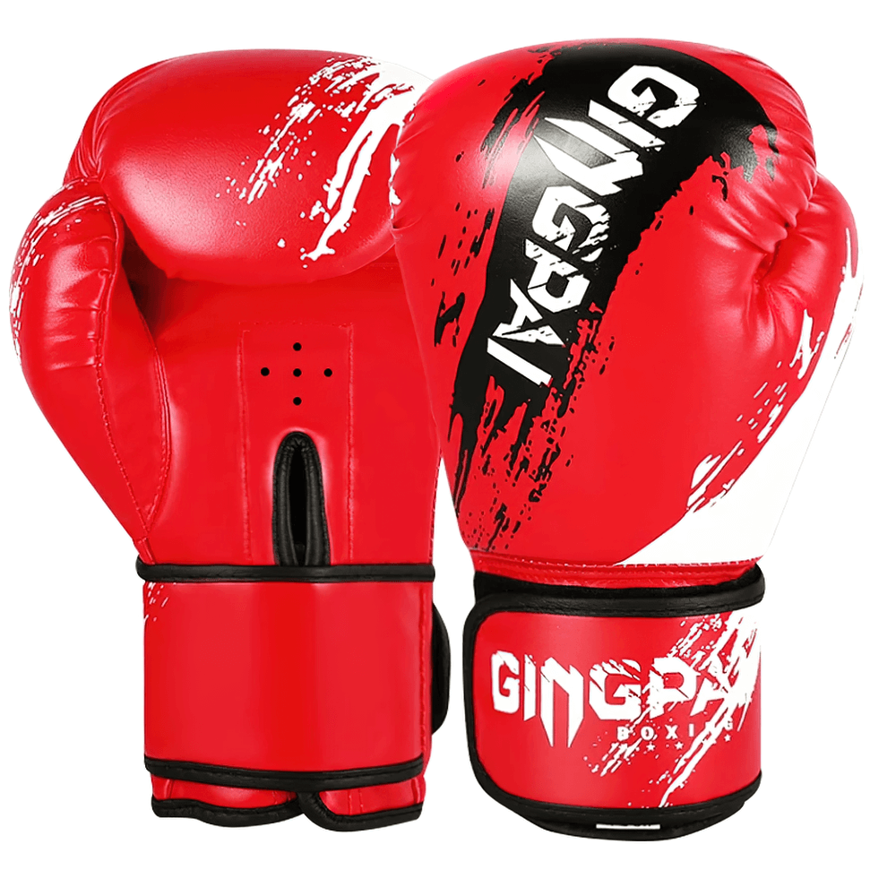 Red boxing training gloves with splash-paint design, made with PU leather, for sparring and fitness; model SF3138.