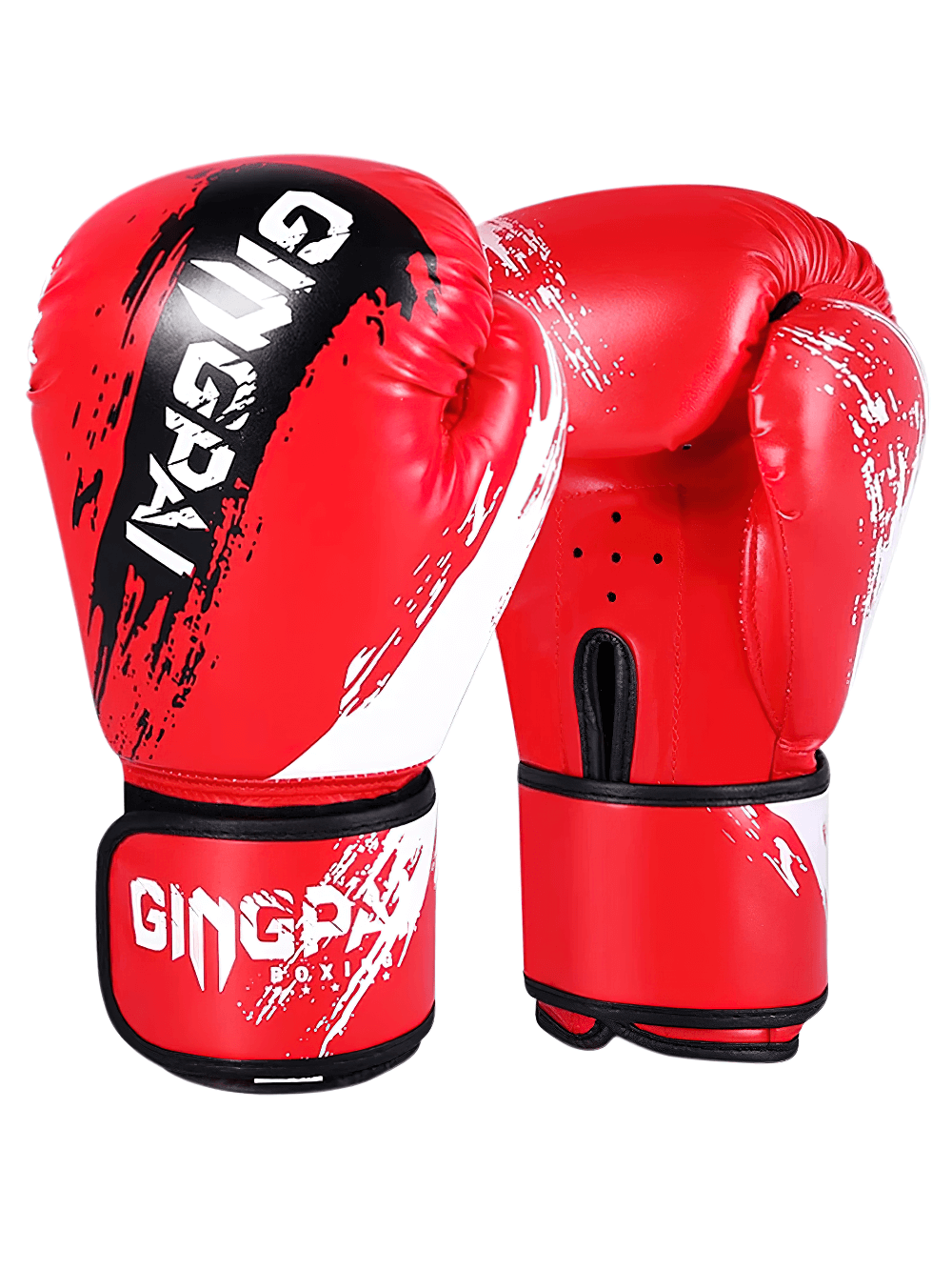 Red boxing training gloves with paint splash design, SF3138, featuring reinforced stitching, ventilation holes, and wrist strap.