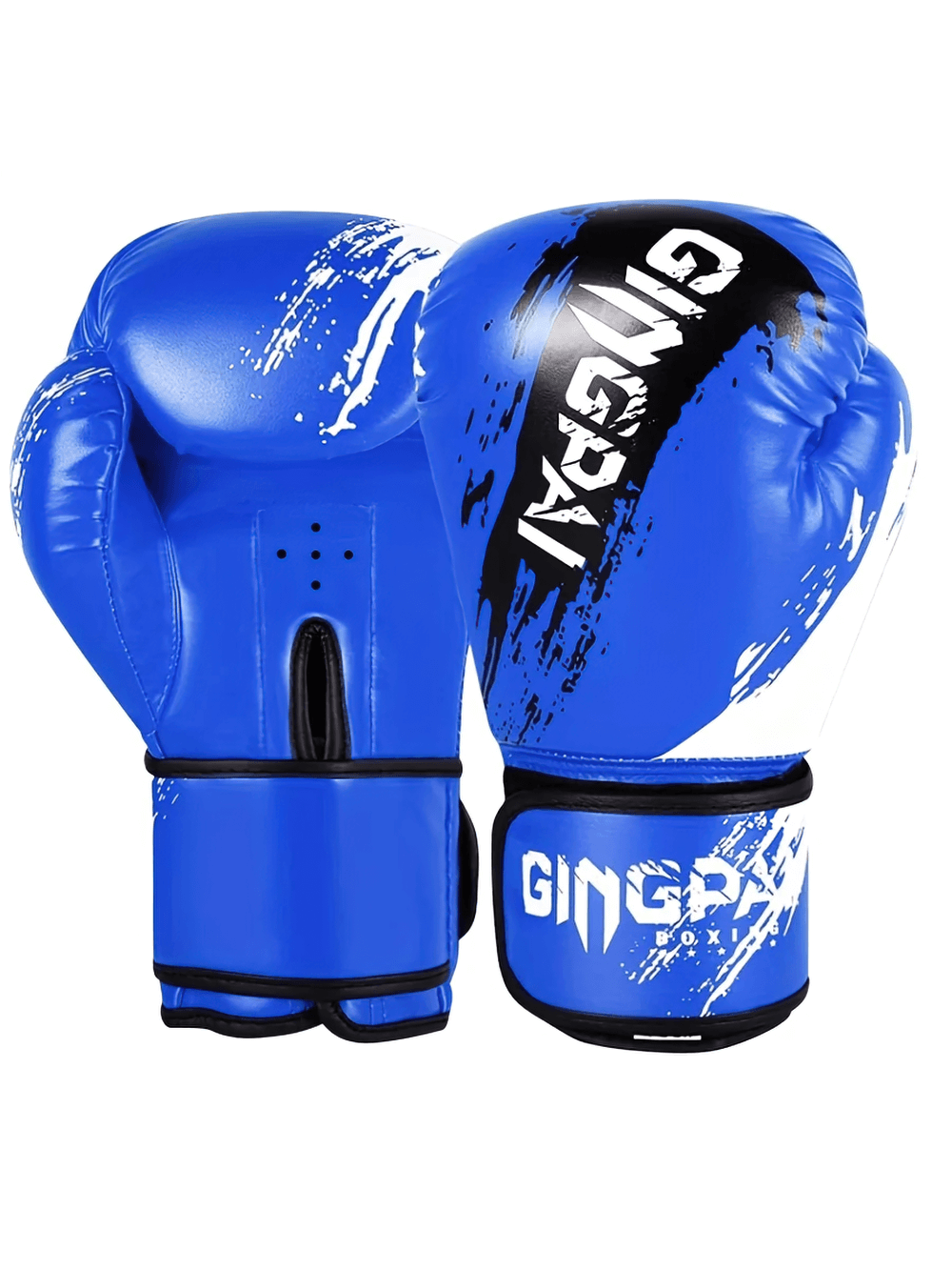 Blue boxing training gloves with white splash design, featuring PU leather, ventilation holes, and secure wrist strap for sparring.
