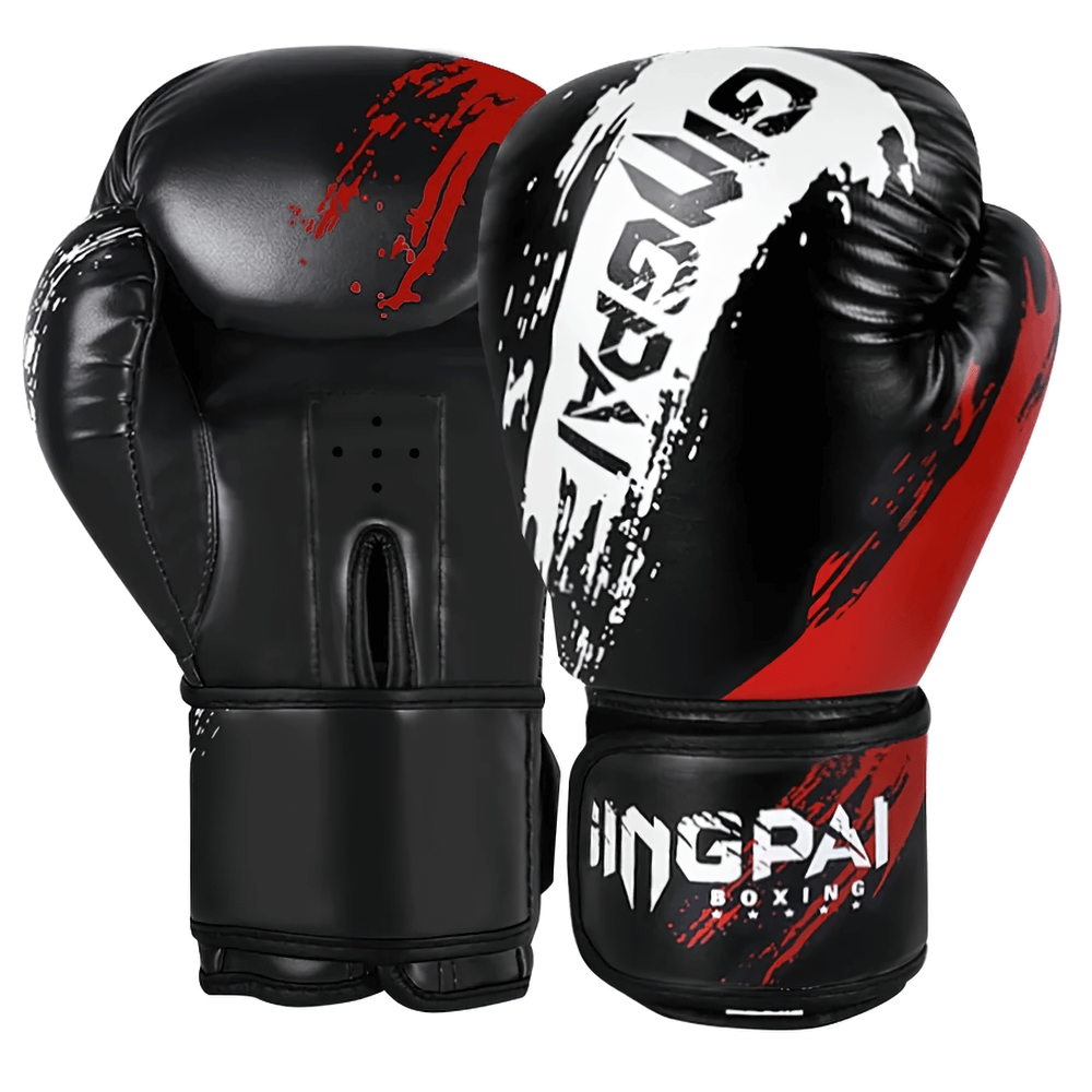 Bold paint splash boxing gloves for sparring and fitness, featuring PU leather, reinforced stitching, and secure wrist straps.