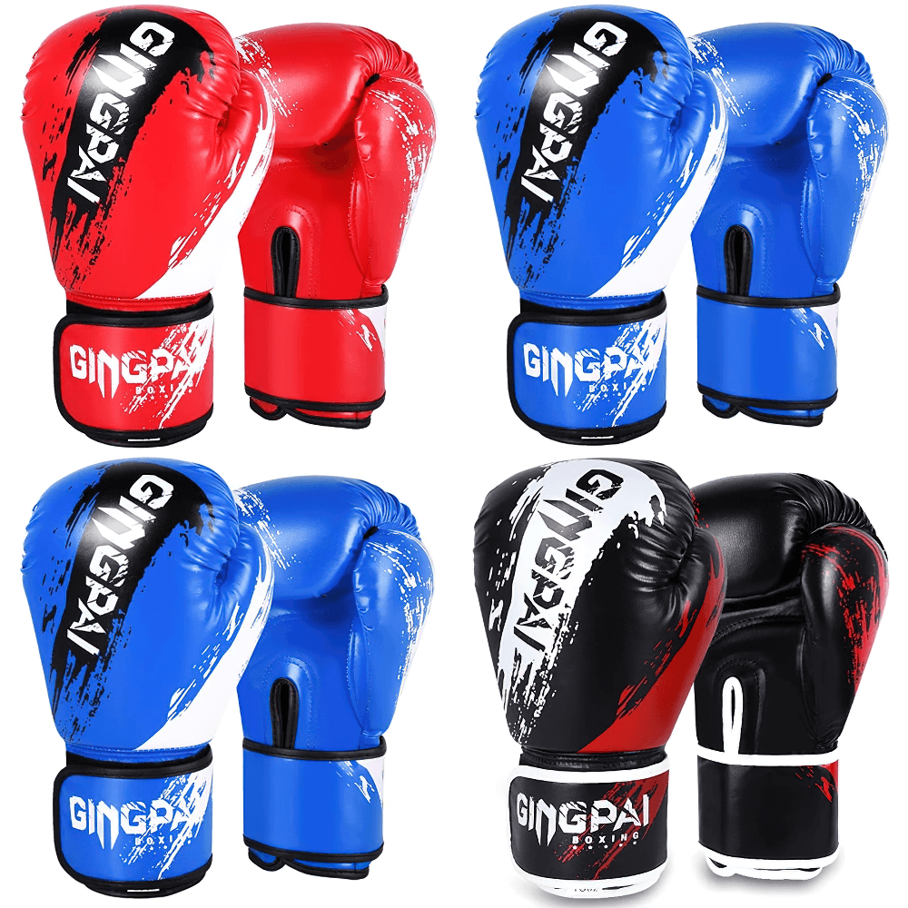 Boxing training gloves with paint splash design in red, blue, and black colors, featuring wide wrist straps for sparring and fitness.