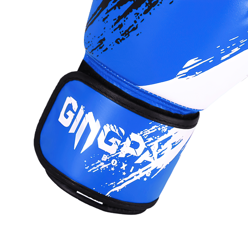 Blue boxing training gloves with splash paint design and secure wrist strap for sparring and fitness, model SF3138.