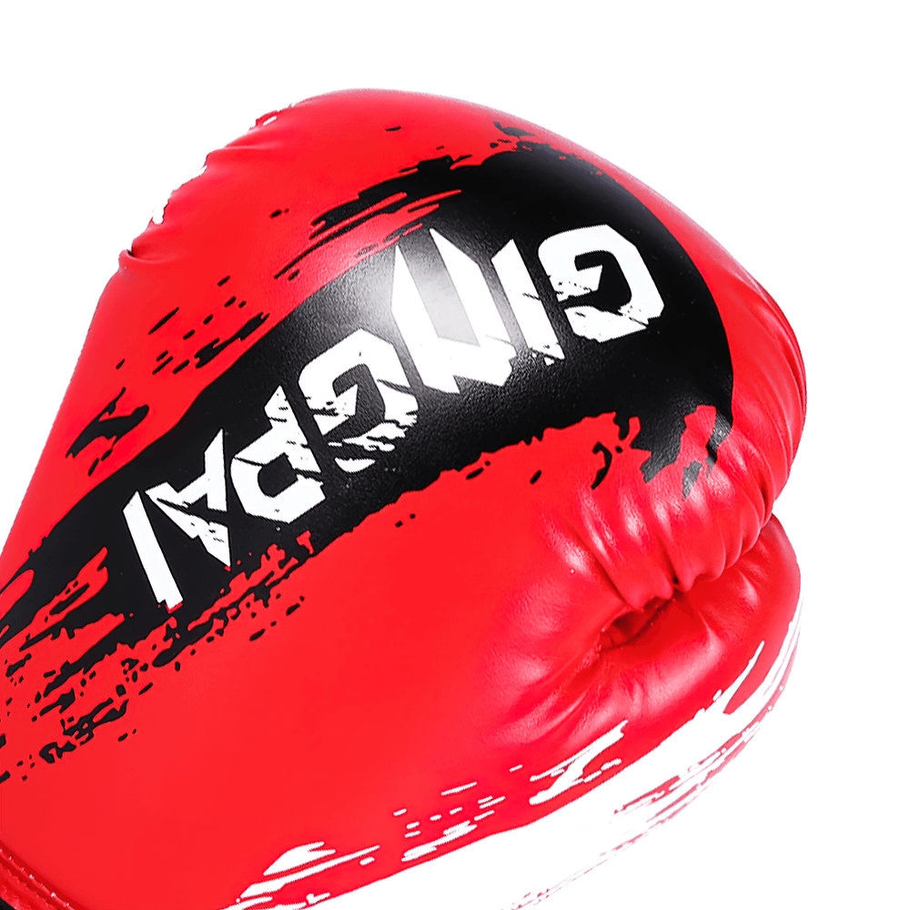 Red boxing glove with splash paint design for sparring and fitness, featuring black accent and sturdy PU leather finish, model SF3138.