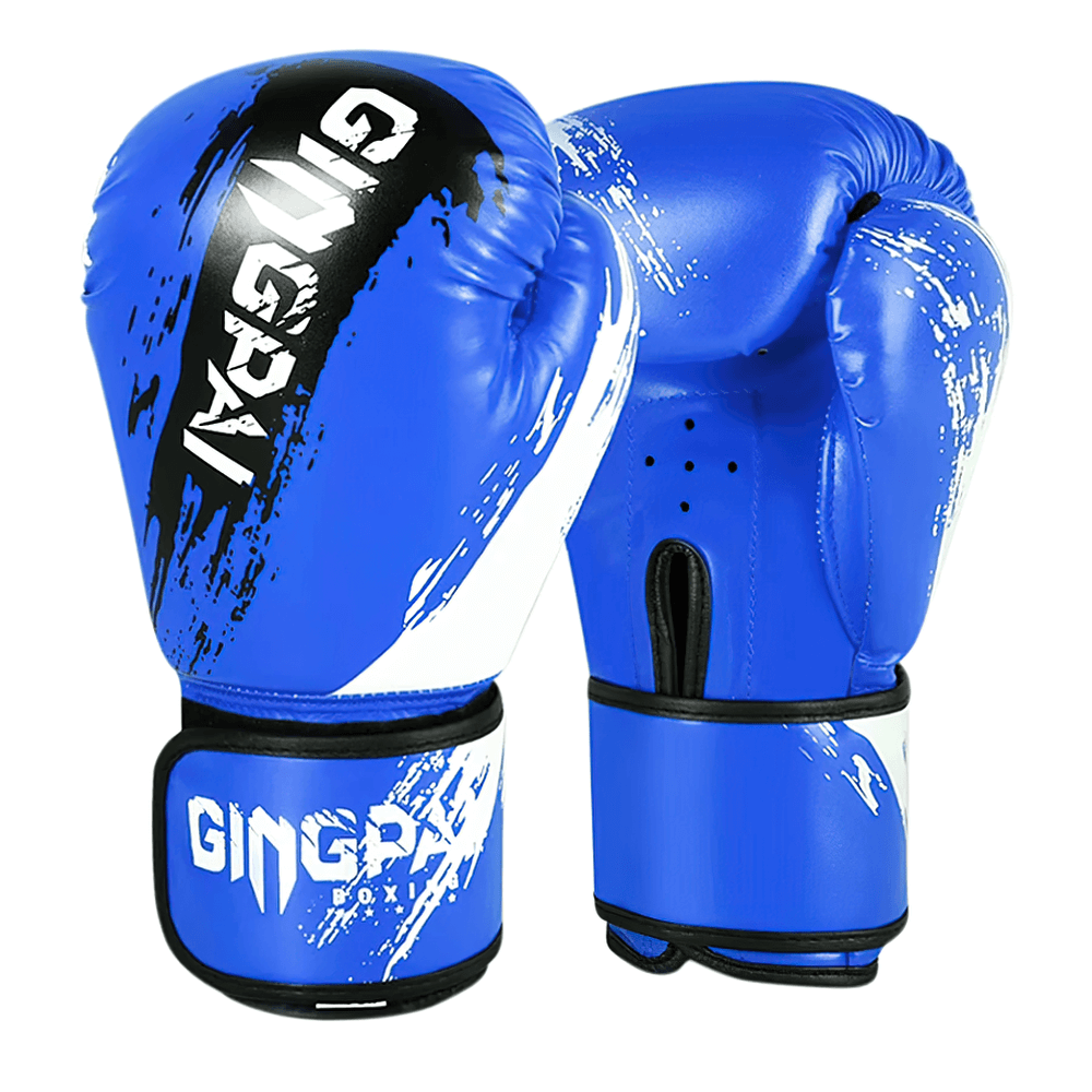 Blue boxing training gloves with splash-paint design, perfect for sparring, fitness, and bag work. Featuring PU leather and secure wrist strap.