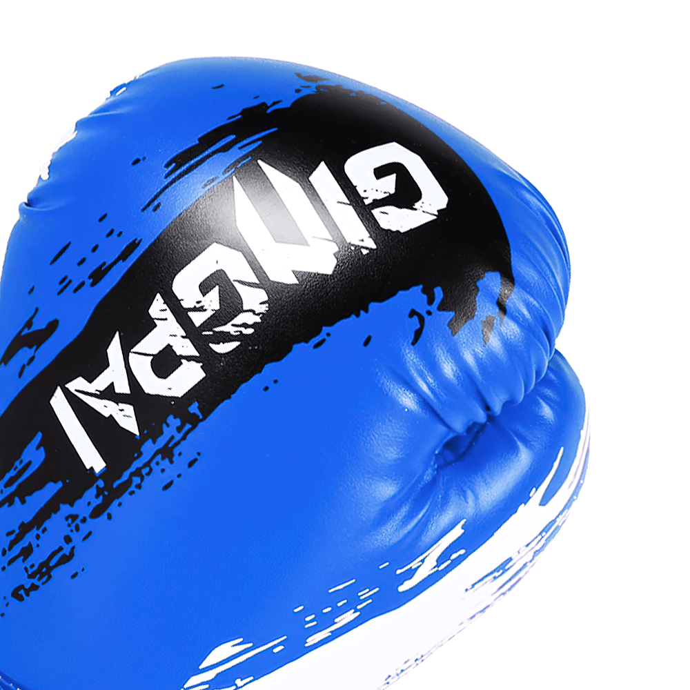 Blue boxing glove with bold splash-paint design for sparring and fitness, featuring PU leather and reinforced stitching for durability.