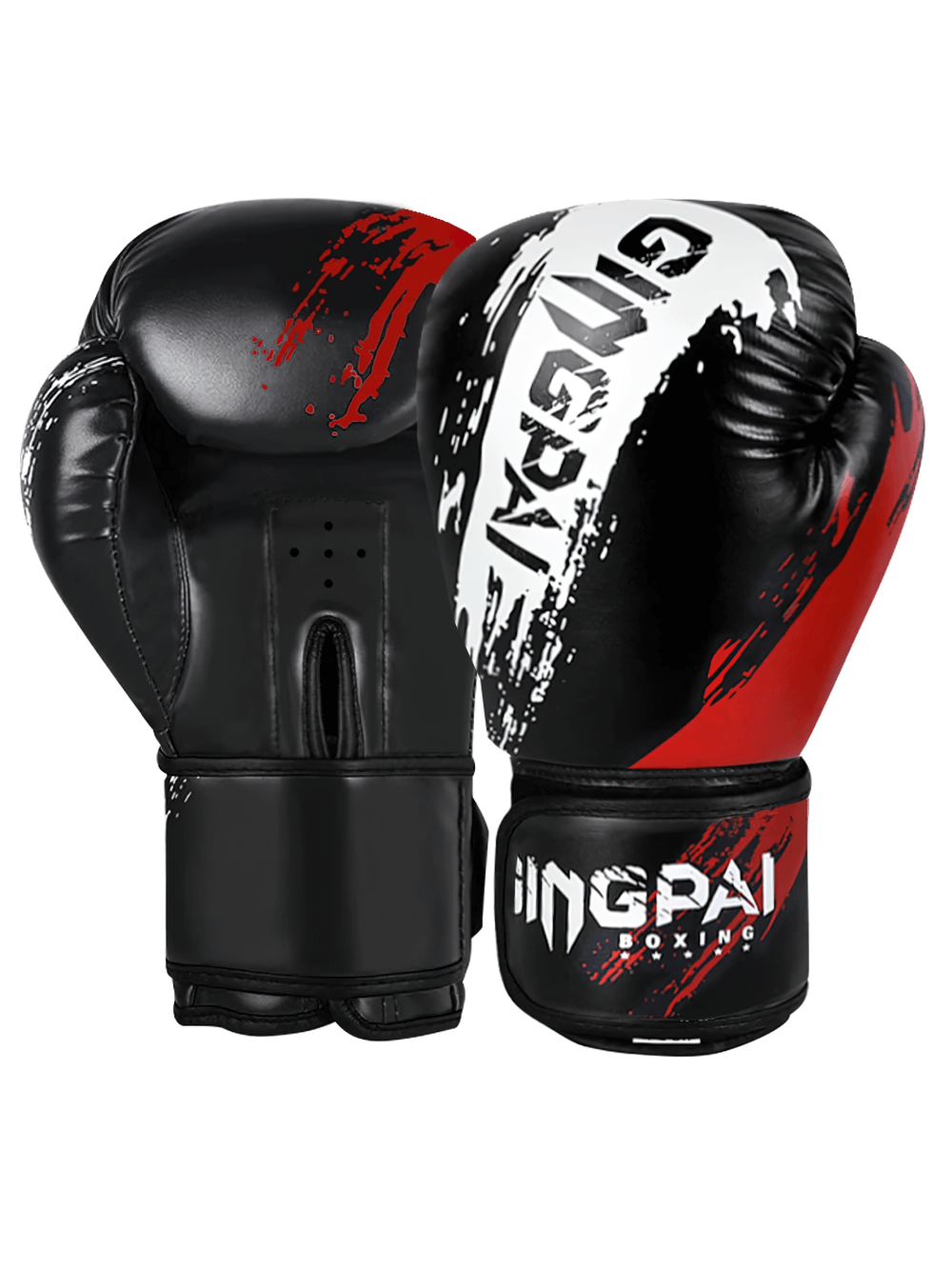 Black and red boxing training gloves with splash paint design, model SF3138, for sparring and fitness.