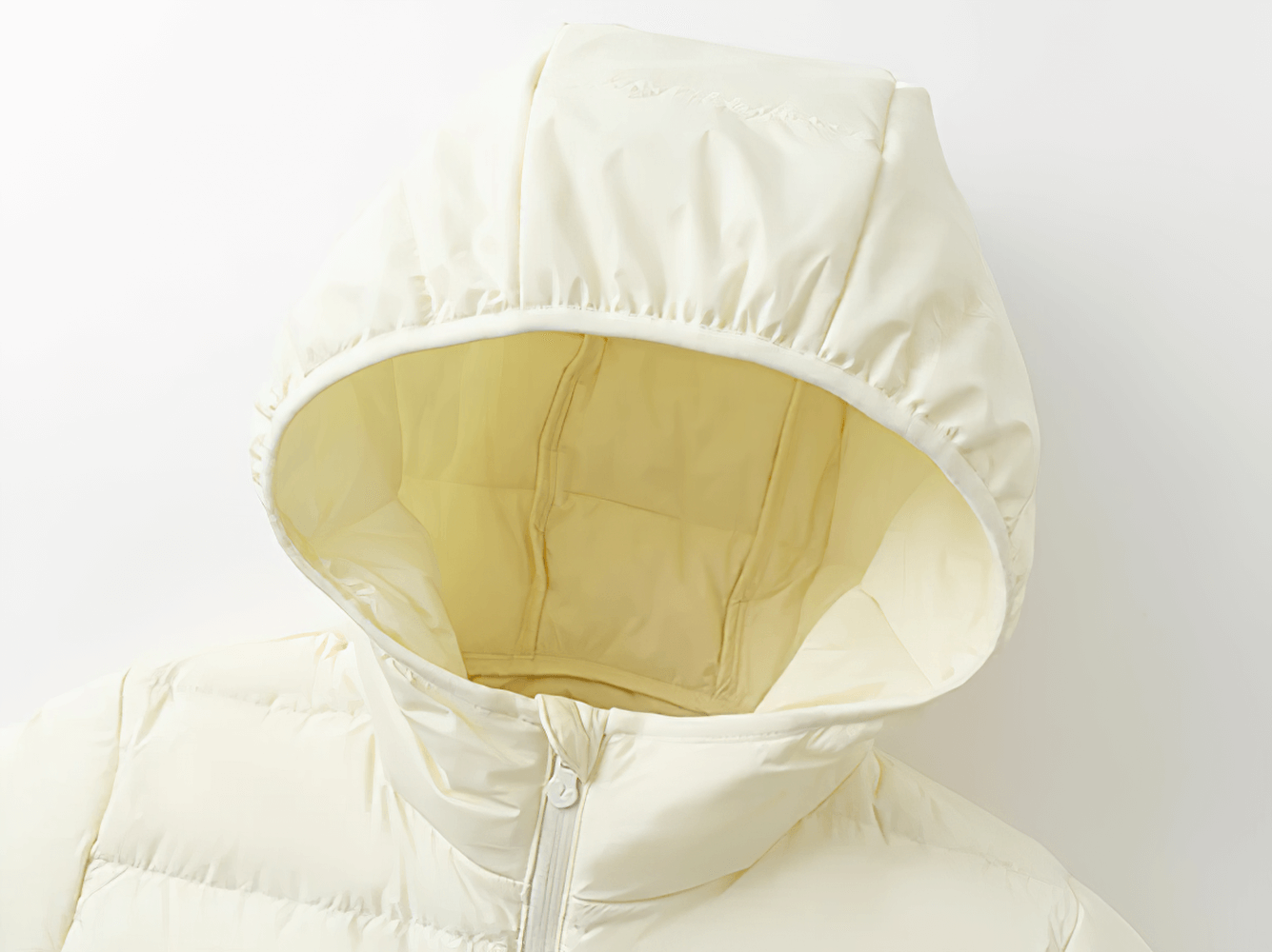 Boys and Girls Puffer Down Jacket for Cold Weather - SF3691, detailed view of hood and zipper closure in cream color.