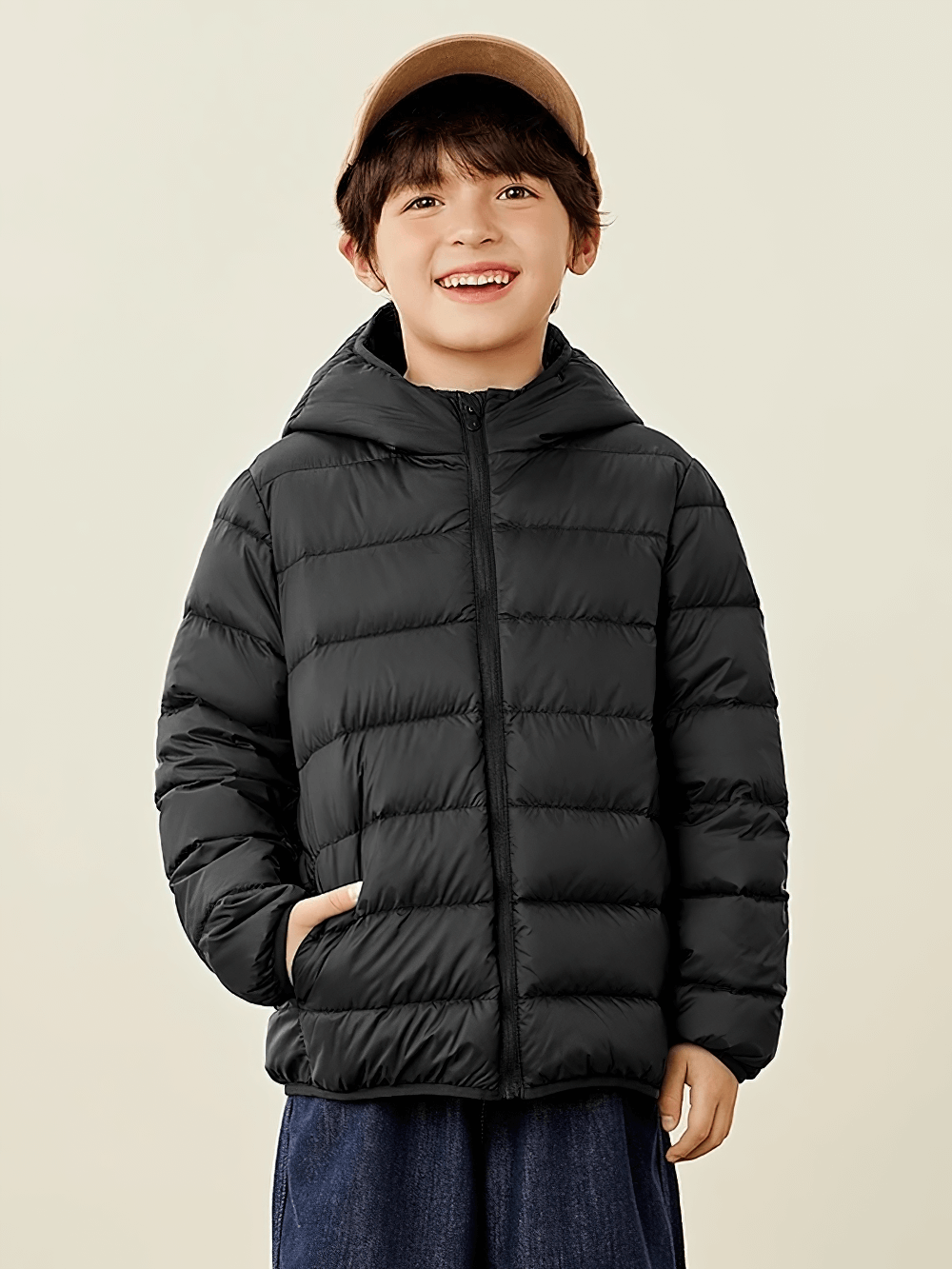 Smiling child wearing Boys and Girls Puffer Down Jacket for Cold Weather - SF3691, perfect for warmth and comfort.