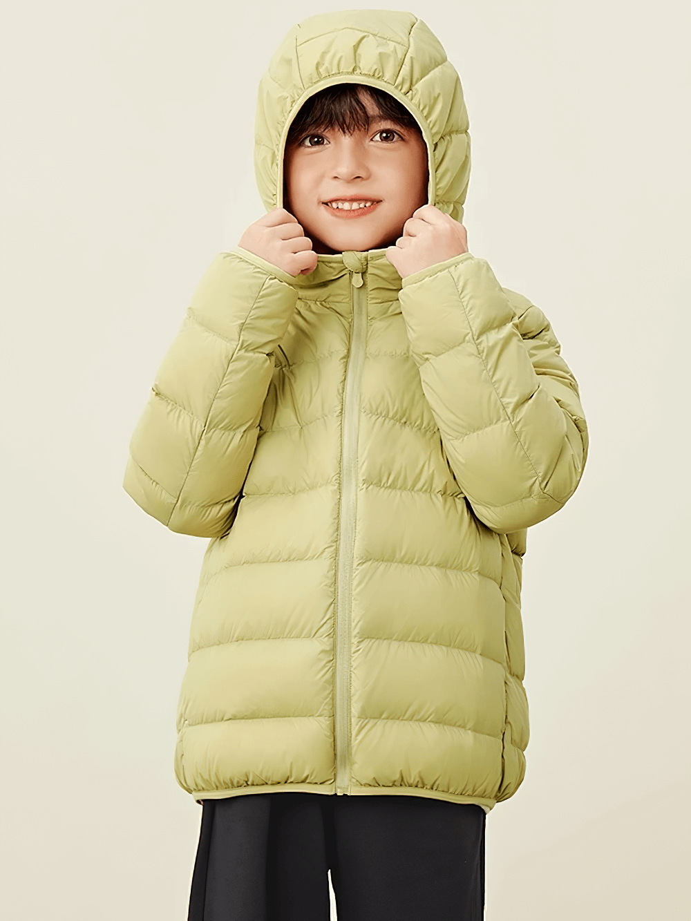 Child wearing a green Boys and Girls Puffer Down Jacket for Cold Weather - SF3691
