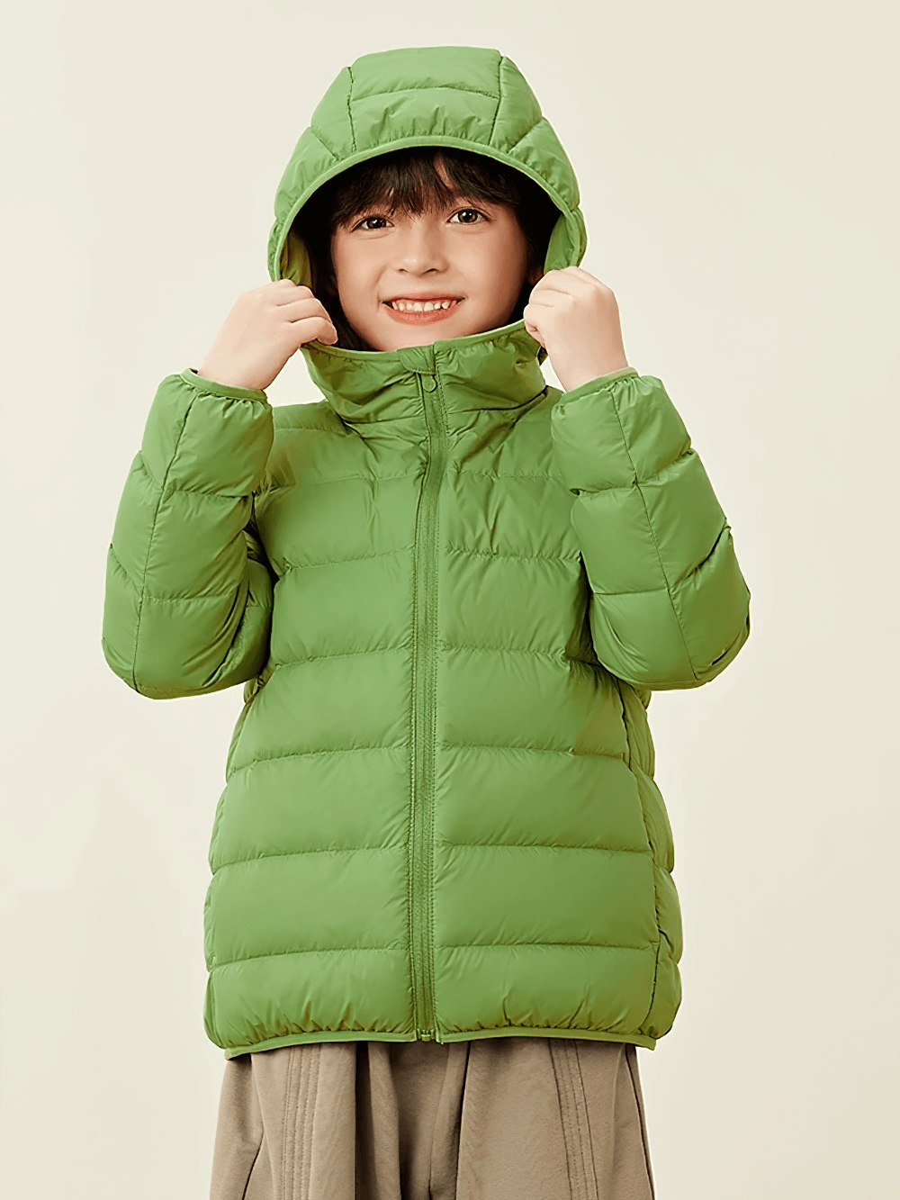 Boys and Girls Puffer Down Jacket for Cold Weather - SF3691 in green displayed with hood up on a child model.