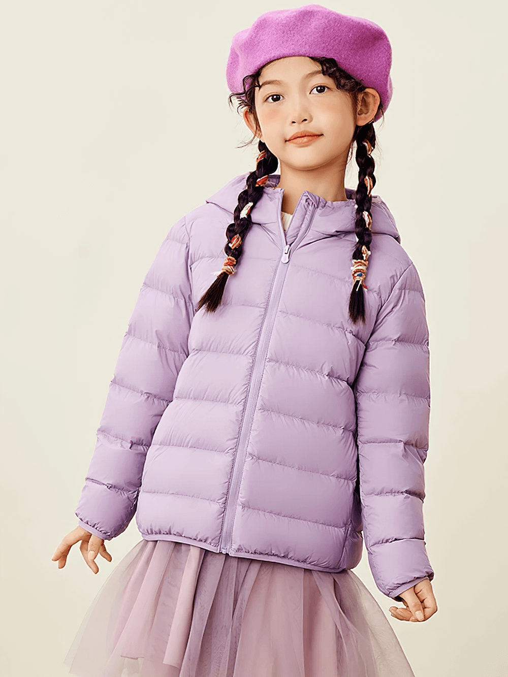 Boys and Girls Puffer Down Jacket for Cold Weather - SF3691 in pastel purple, modeled by a child with a playful expression.