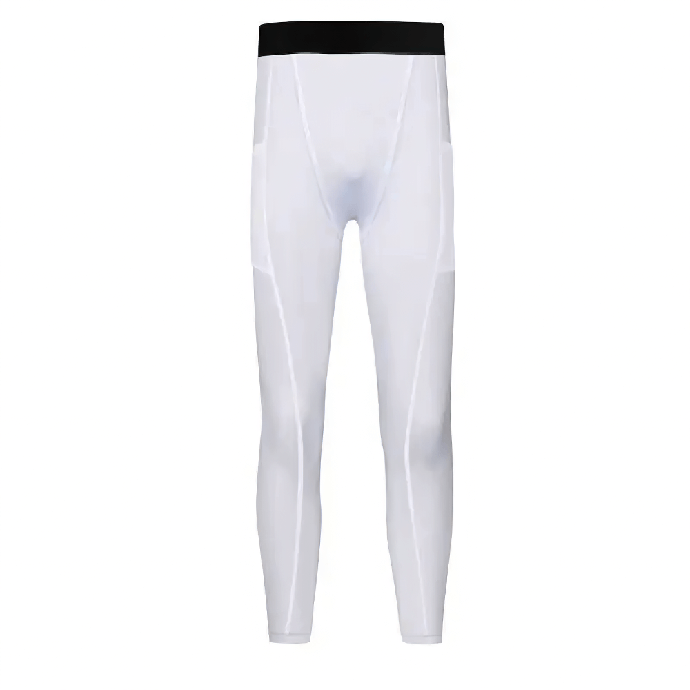 Boys Athletic Base Layer Tights for Training - SF3759, white compression leggings with black elastic waist, front view.