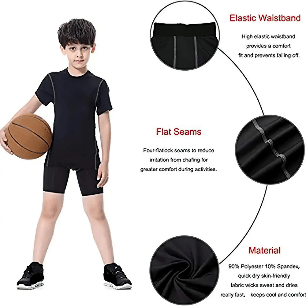 Boys Athletic Compression Shorts for Gym and Sports - SF3751 shown with a basketball and product feature highlights like flat seams and elastic waistband.