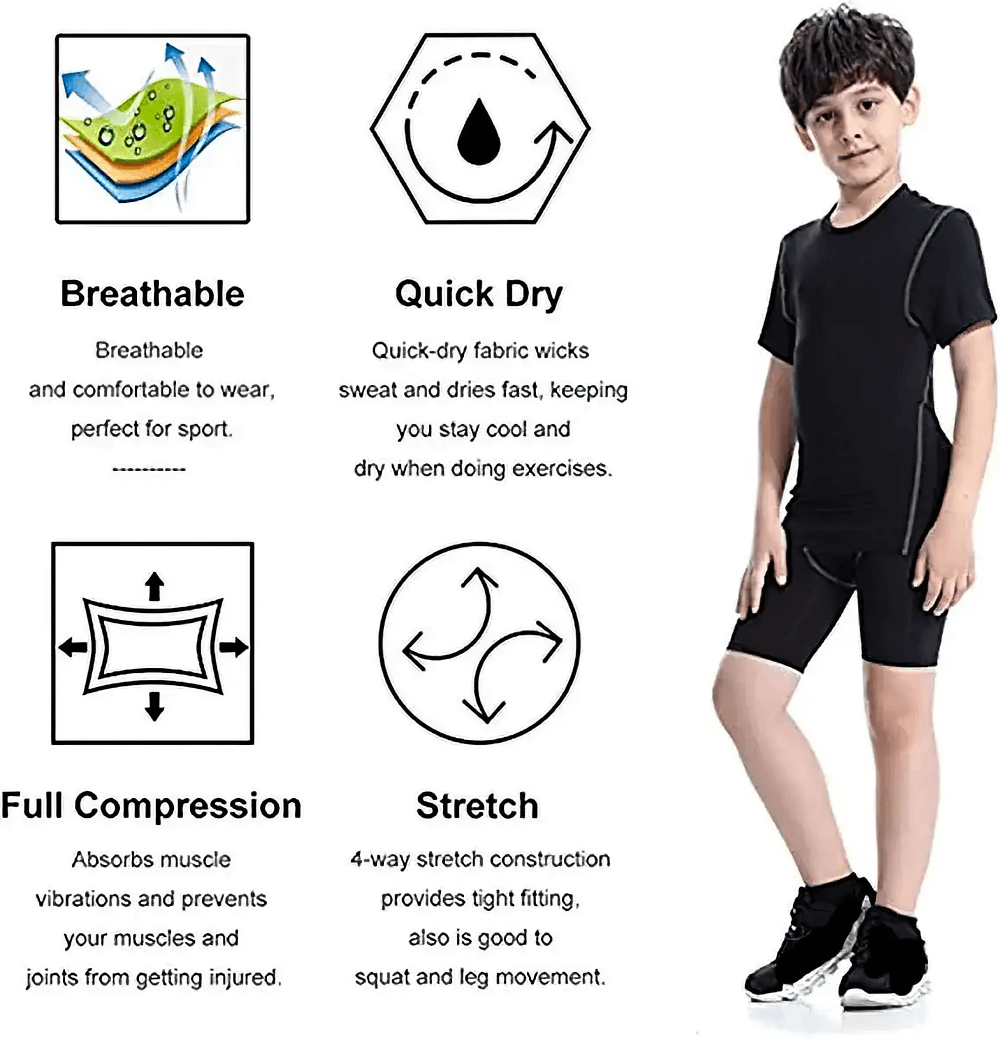 Boys Athletic Compression Shorts for Gym and Sports - SF3751, highlighting breathable, quick-dry fabric, full compression, and stretch.