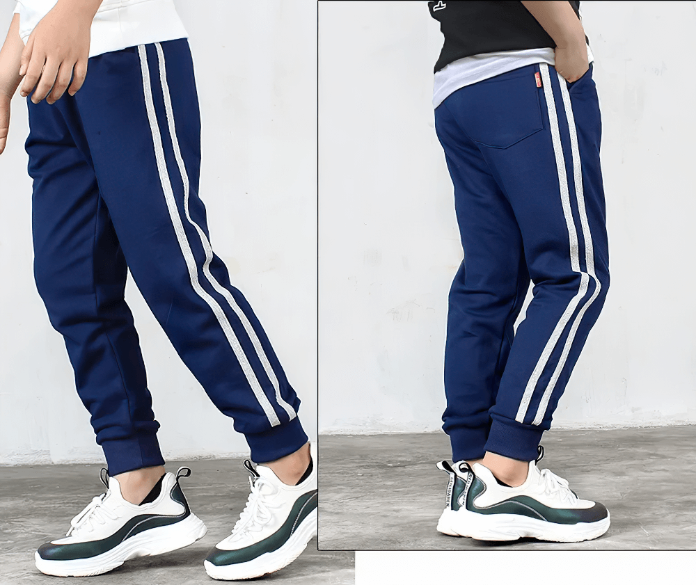 Boys Athletic Jogger Sweatpants with Pockets - SF3611 in navy with white stripes, showcasing elastic waistband and side pockets for comfort and style.