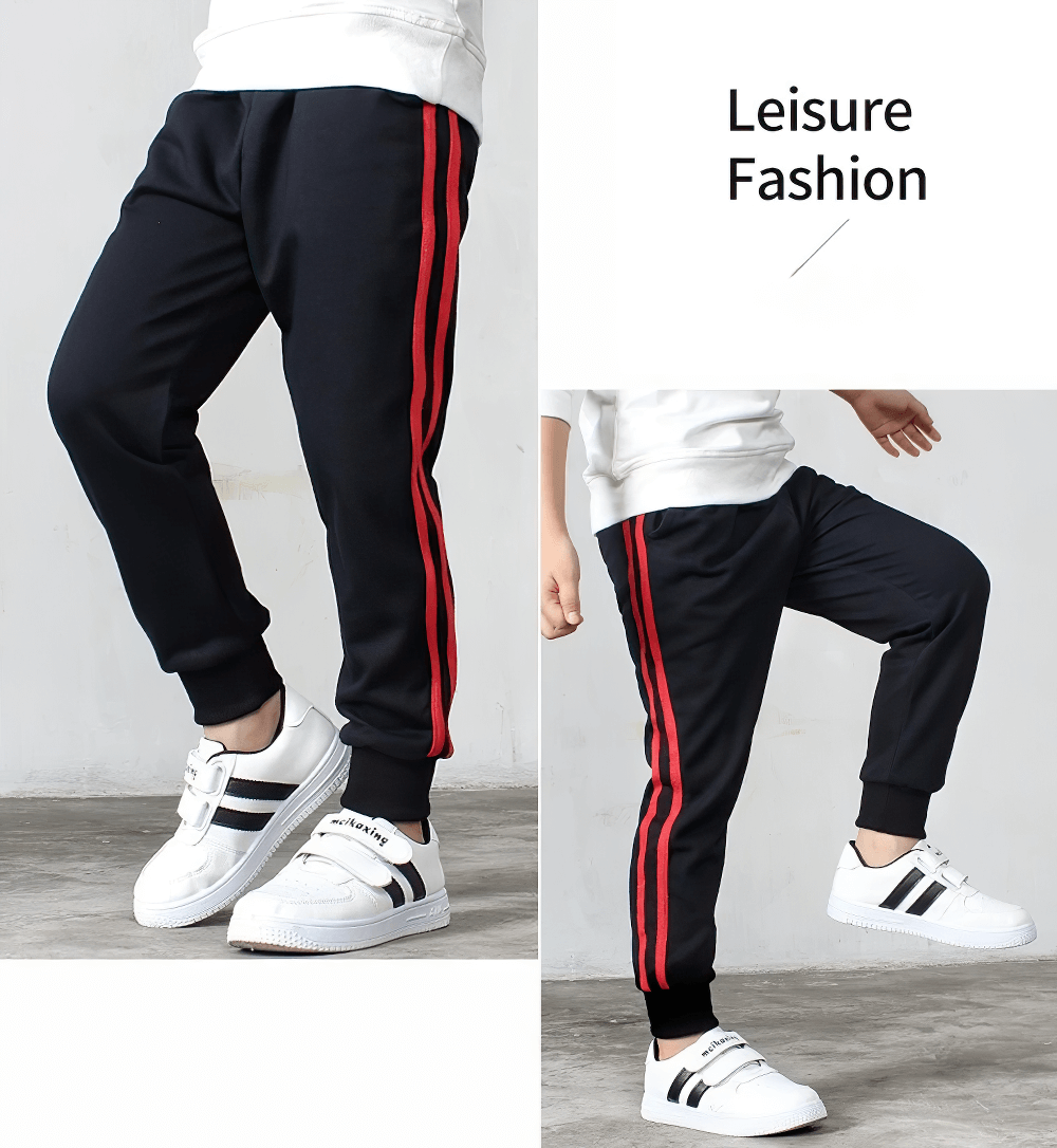 Boys Athletic Jogger Sweatpants with Pockets - SF3611 in black with red stripes, featuring elastic waistband and side pockets, perfect for active kids.