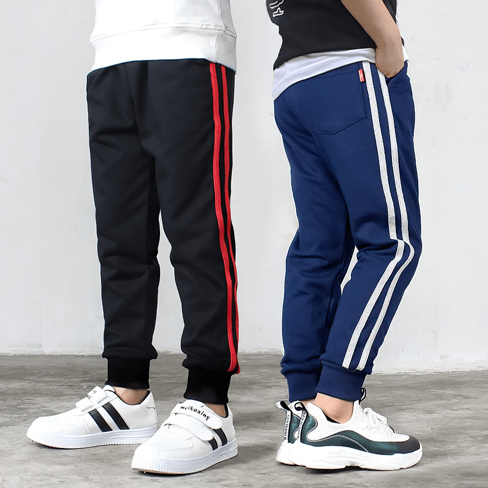 Boys Athletic Jogger Sweatpants with Pockets - SF3611 in black and blue, featuring elastic waistband and sporty side stripes.
