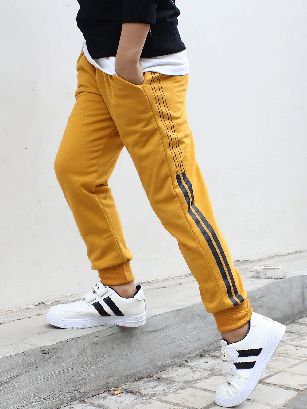 Boys Athletic Jogger Sweatpants with Pockets - SF3611 in mustard yellow with side stripes, perfect for active play and comfort.