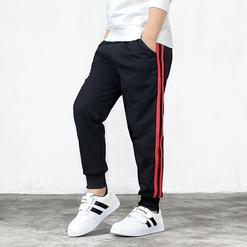 Boys Athletic Jogger Sweatpants with Pockets - SF3611 featuring red stripe detail, ideal for active kids with comfort and style.