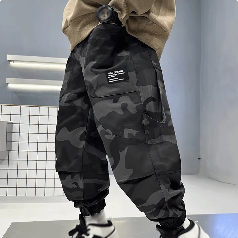 Boys Camouflage Cargo Pants with Windproof Feature - SF3834, stylish and functional outdoor wear with elastic waist and ample pockets.