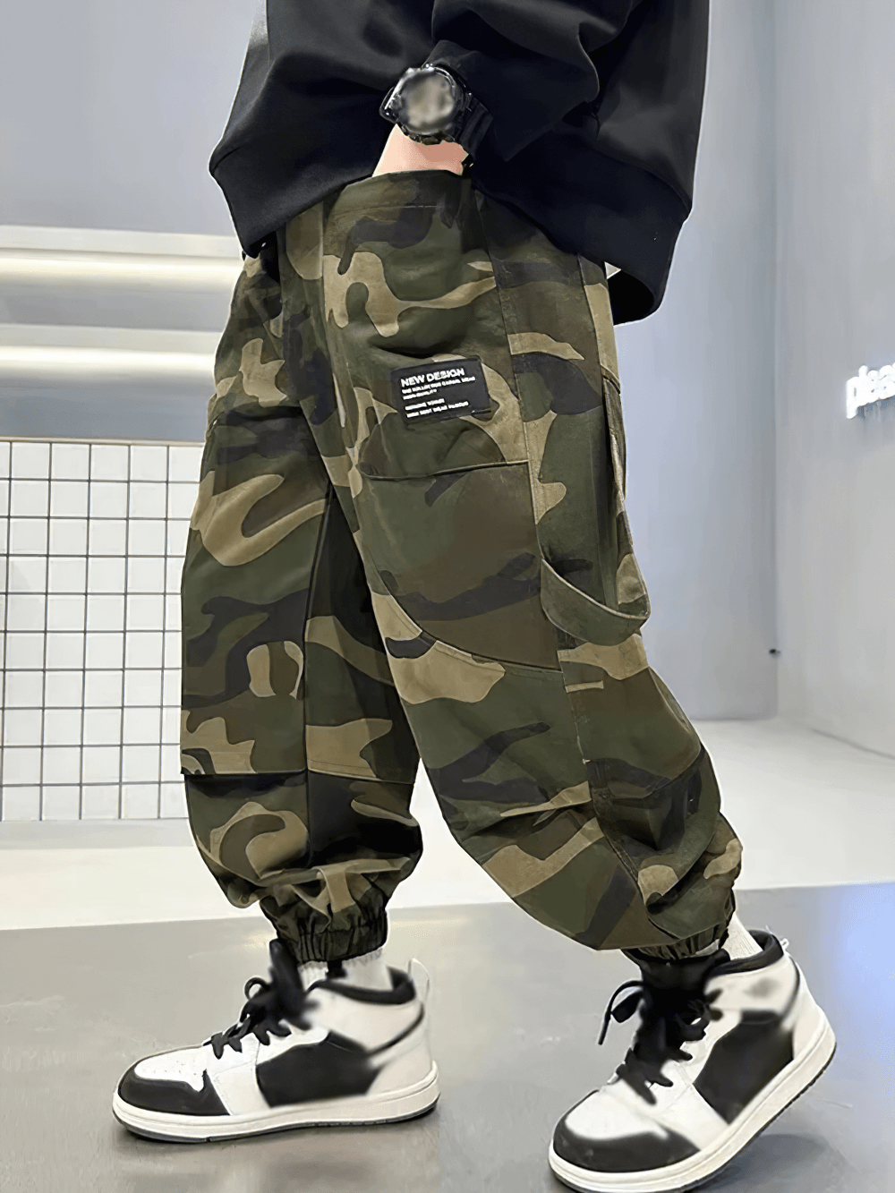 Boys Camouflage Cargo Pants with Windproof Feature - SF3834, perfect for outdoor adventures and comfort, shown in stylish camo design.