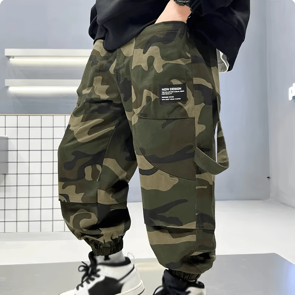 Boys Camouflage Cargo Pants with Windproof Feature - SF3834, perfect for outdoor adventures, featuring elastic waistband and multiple pockets.