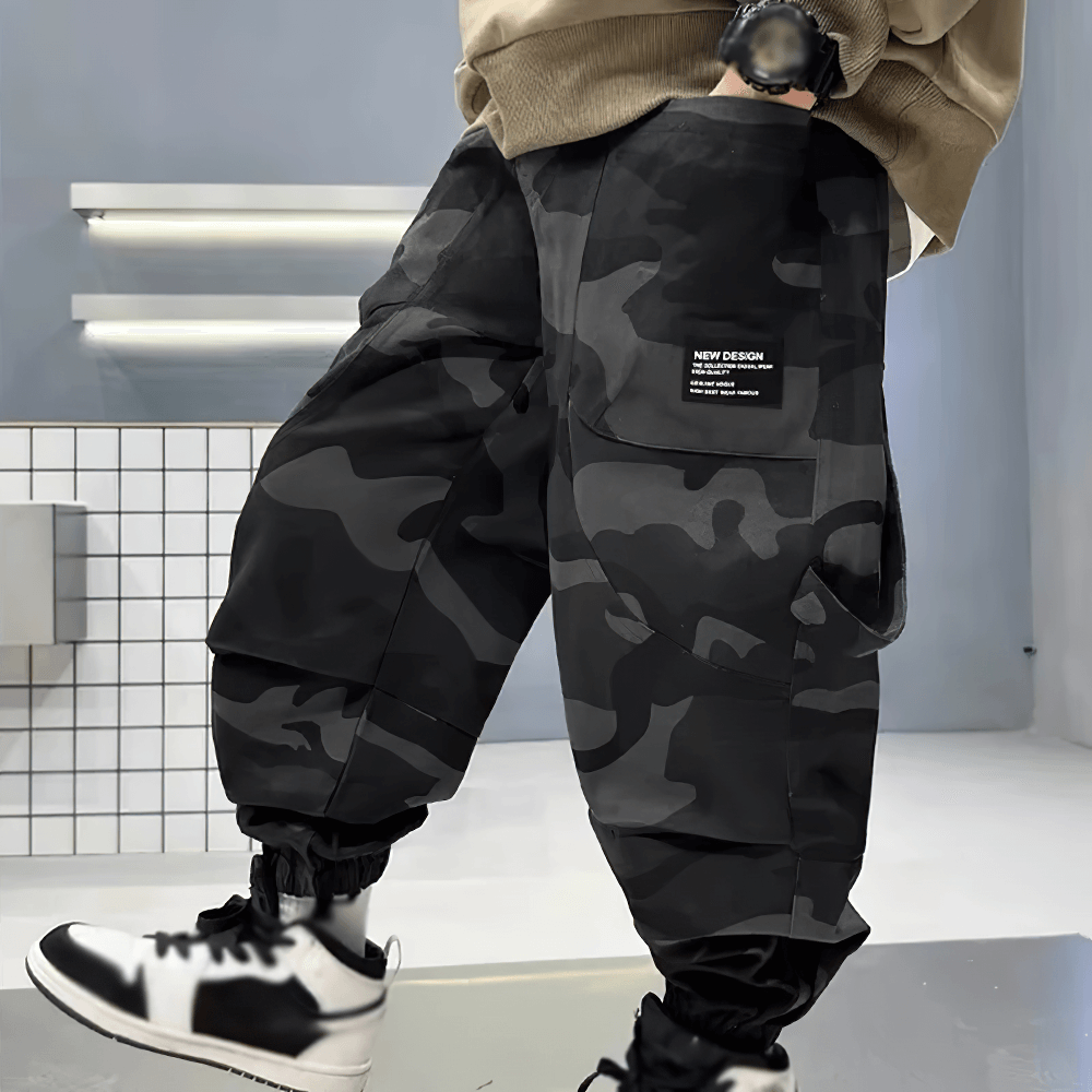 Boys Camouflage Cargo Pants with Windproof Feature - SF3834, stylish outdoor adventure wear with elastic waistband and multiple pockets.