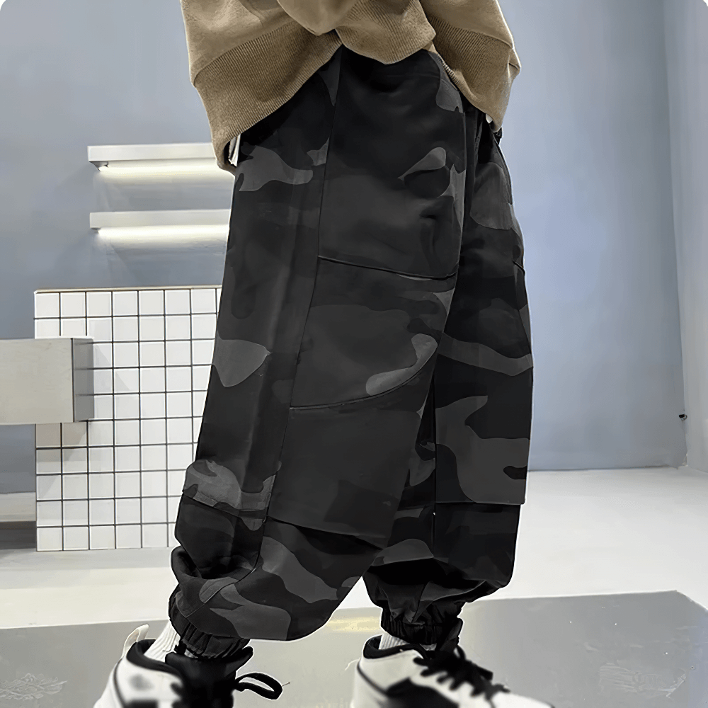 Stylish Boys Camouflage Cargo Pants with Windproof Feature - SF3834, perfect for adventure and comfort.