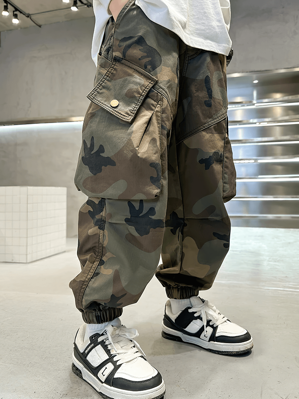 Boys Camouflage Jogger Pants with Elastic Waist - SF3871 in a trendy street style with cargo pockets and cuffed hems, perfect for active wear.