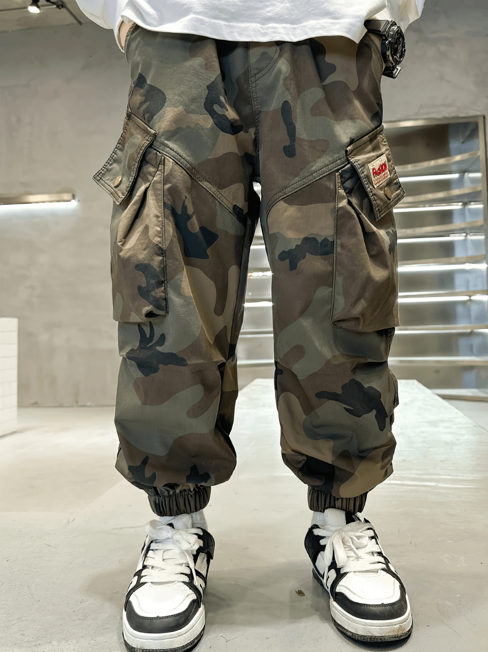 Boys Camouflage Jogger Pants with Elastic Waist - SF3871 featuring full-length cut and cargo style pockets.
