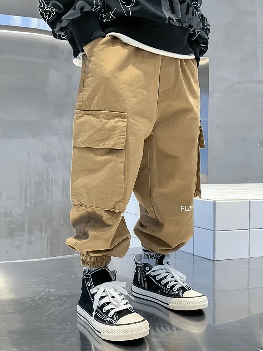 Boys Cargo Jogger Pants with Side Pockets - SF3865, streetwear ankle-length fit, elastic waist, oversized pockets, sporty style for kids.