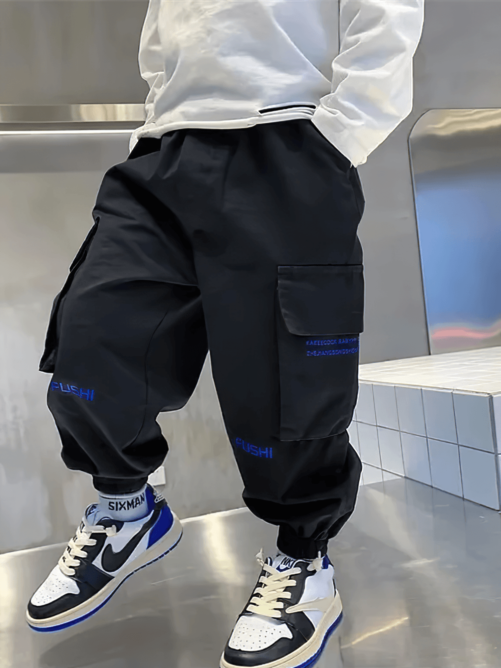 Boys Cargo Jogger Pants with Side Pockets - SF3865, sporty streetwear with elastic waist and oversized flap pockets for active kids