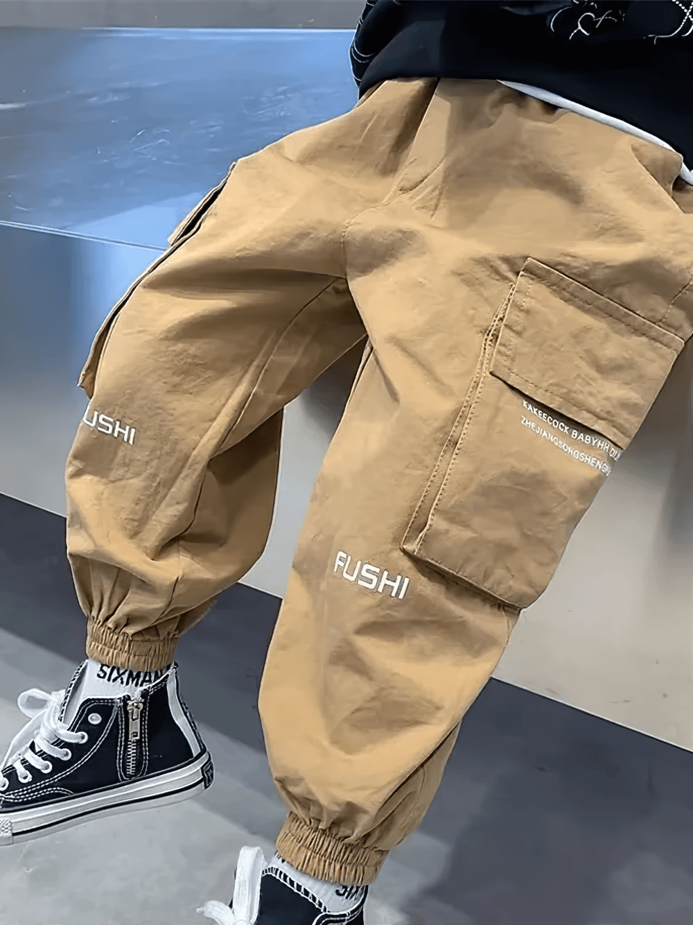 Boys Cargo Jogger Pants with Side Pockets - SF3865 featuring elastic waist, ankle-length, oversized flap pockets, and sporty accents.