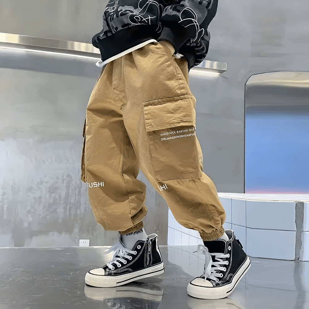 Boys Cargo Jogger Pants with Side Pockets - SF3865, ankle-length streetwear style with elastic waist and oversized flap pockets.