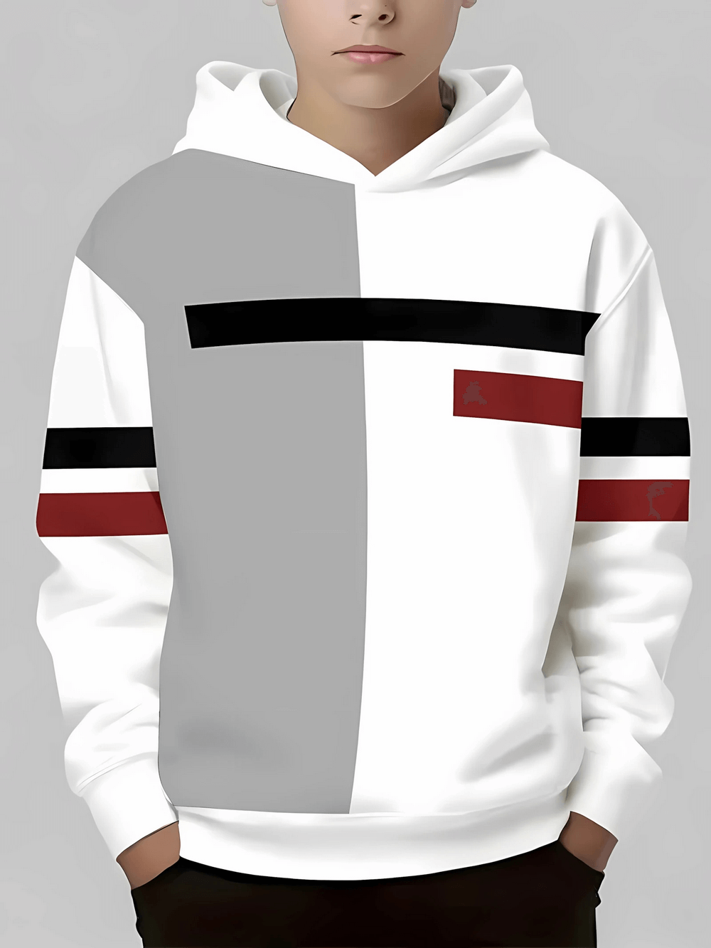 Boys Colorblock Hoodie with Modern Stripe - SF3676, pullover with bold blocks and stripes, perfect for layering and streetwear style.