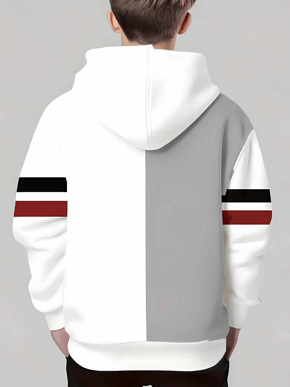 White and grey Boys Colorblock Hoodie with Modern Stripe - SF3676, featuring bold stripe accents, perfect for layering and cool school style.