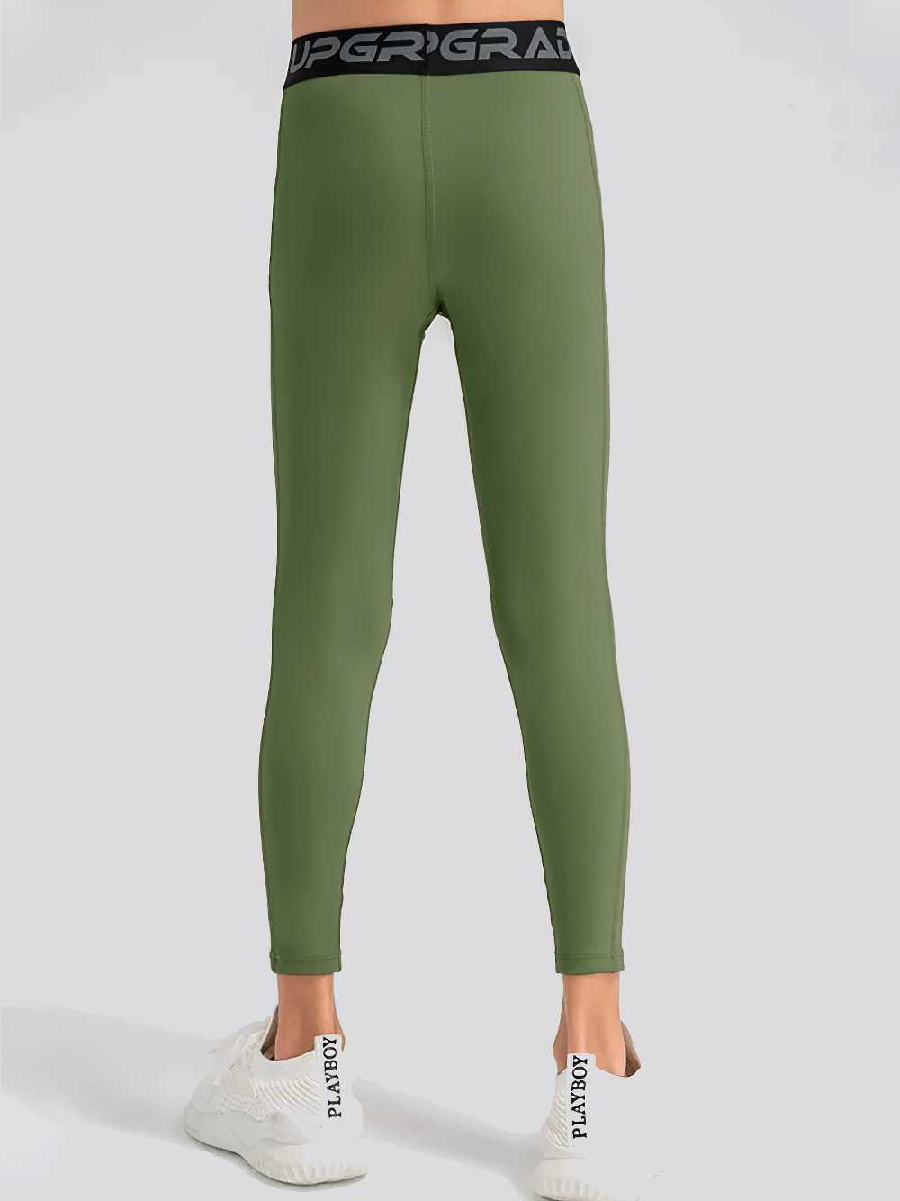 Back view of Boys Compression Sports Leggings for Training - SF3794 in green, showcasing elastic waist and flexible fit for active sports.