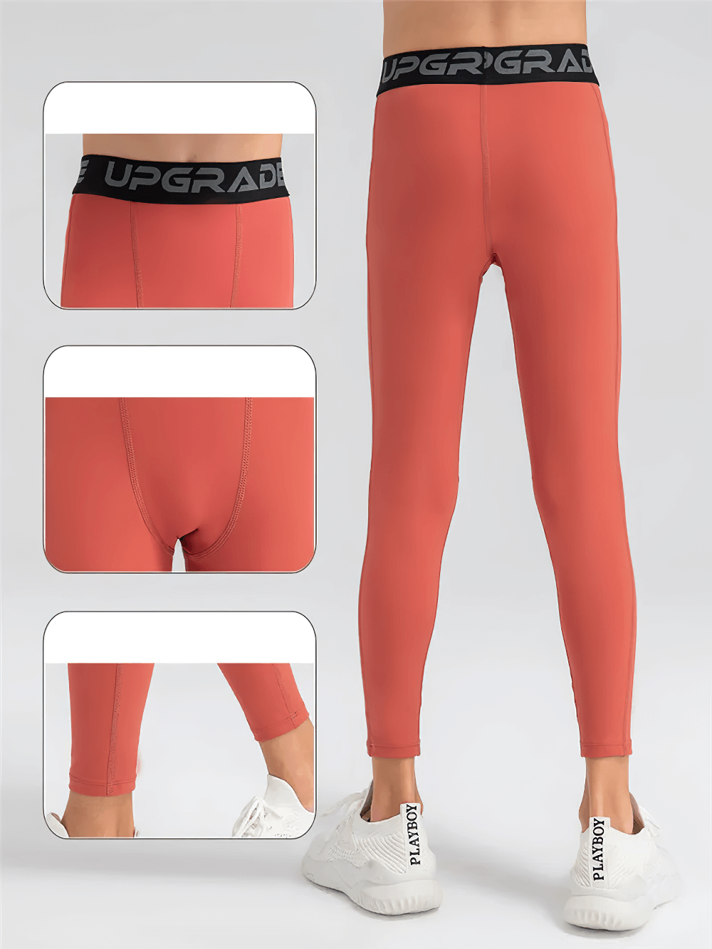 Back view of Boys Compression Sports Leggings for Training - SF3794 showcasing elastic waist and nylon-polyester blend for active sports.