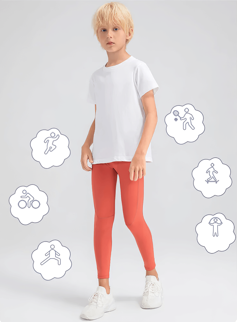 Boy wearing Boys Compression Sports Leggings for Training - SF3794 with sport icons for running, cycling, and basketball.