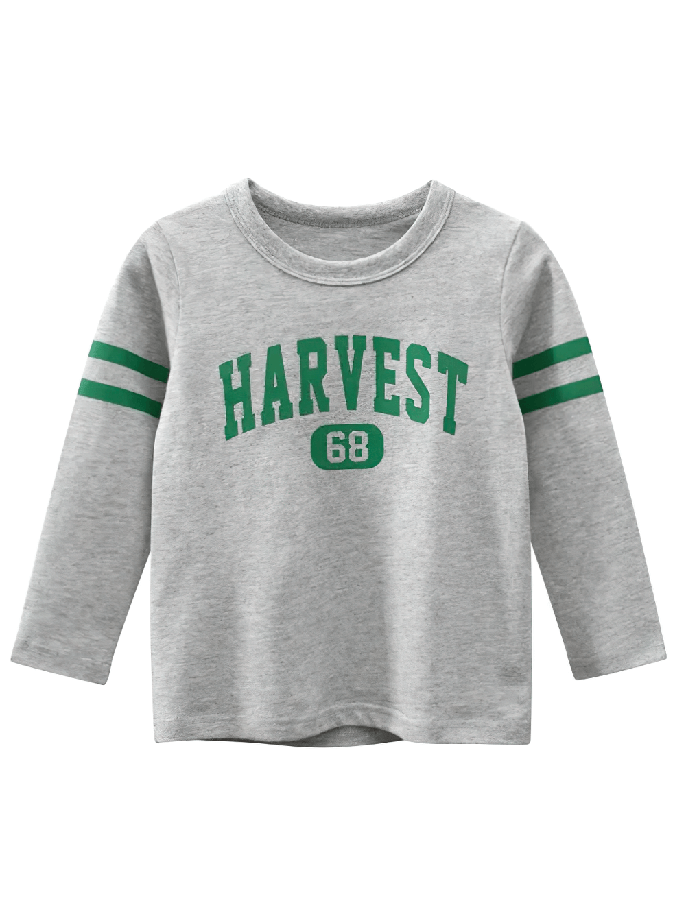 Boys Cotton Long-Sleeved Top with Letter Print - SF3608 featuring HARVEST 68 design in gray with green stripes, ideal for kids' casual wear.