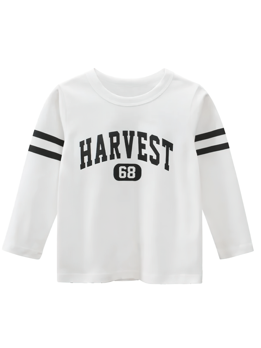 Boys Cotton Long-Sleeved Top with Letter Print - SF3608 featuring bold HARVEST 68 and sporty stripes on soft white fabric.