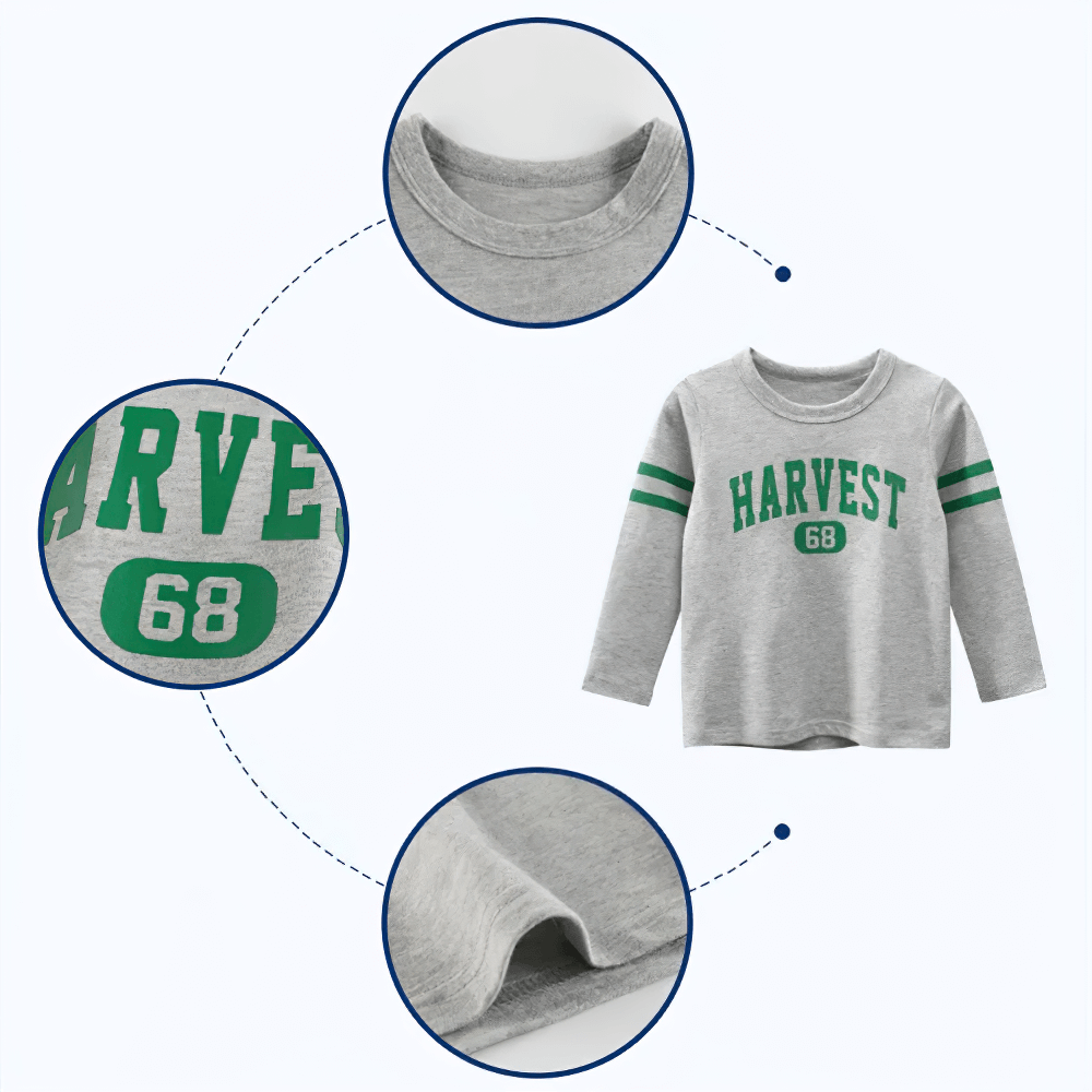 Boys Cotton Long-Sleeved Top with Letter Print - SF3608 featuring crewneck, sporty stripes, and bold HARVEST 68 design. Kids casual wear.