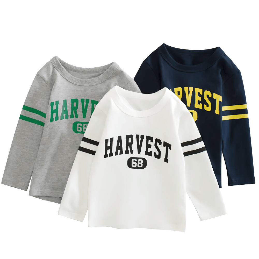 Boys Cotton Long-Sleeved Top with Letter Print - SF3608 in white, gray, and navy with HARVEST 68 print and sporty sleeve stripes.
