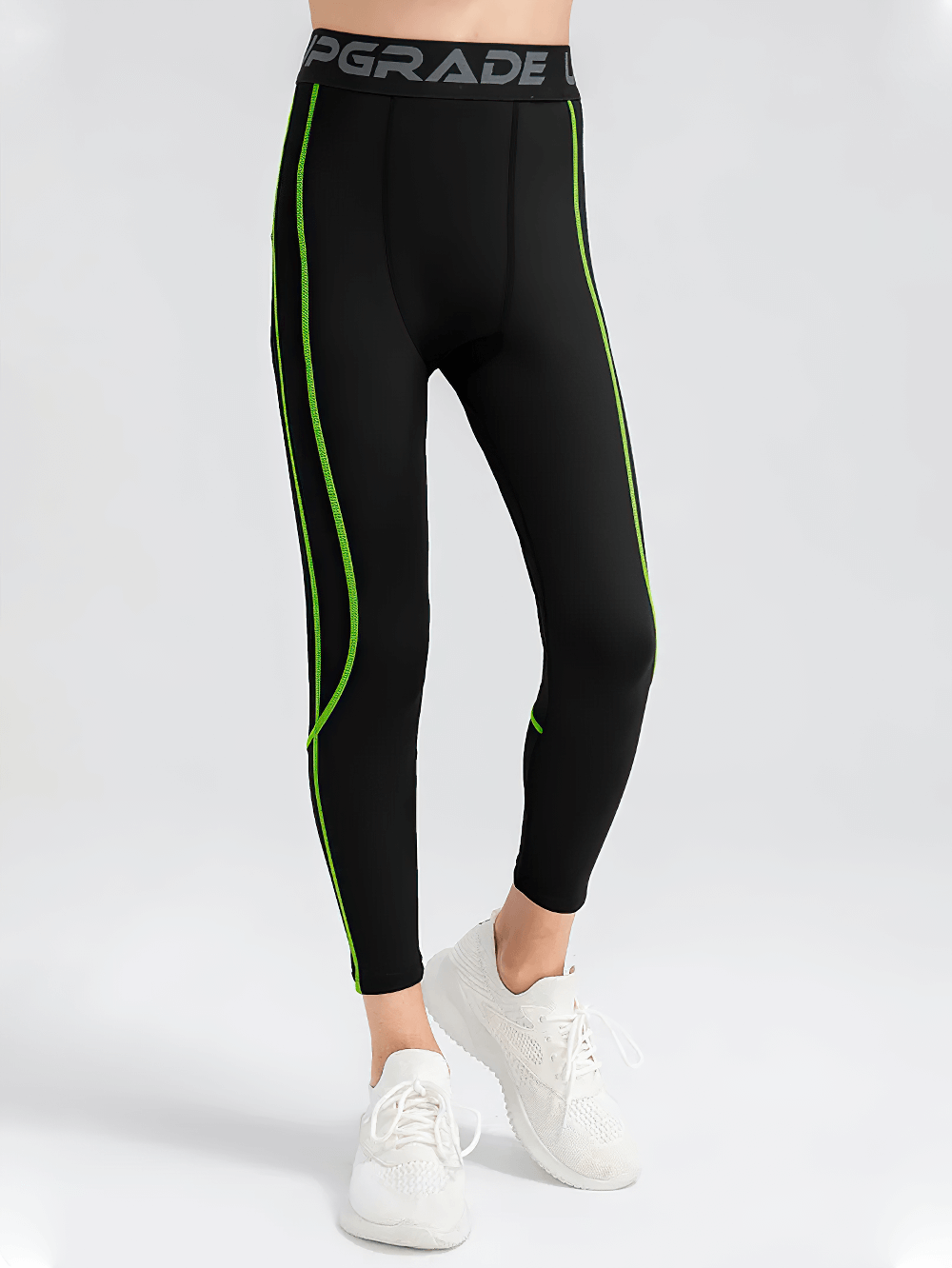 Boys Elastic High-Waisted Fitness Leggings - SF3780, sleek polyester design with green stripes, perfect for workouts and casual wear.