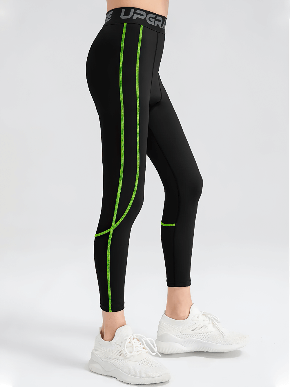Boys Elastic High-Waisted Fitness Leggings - SF3780 with green side stripes shown on model